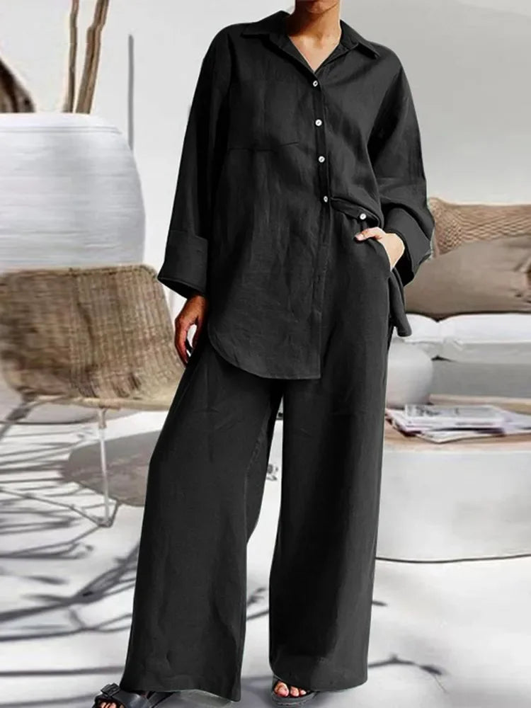 2024 Autumn New Women's Cotton and Hemp Set Solid Color Collar Shirt High Waist Wide Leg Pants Elegant Two Piece Set