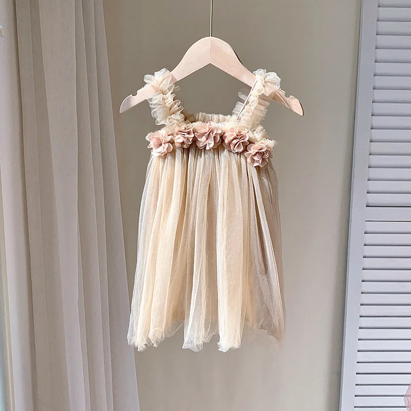 Kids Sweet Mesh Dress 1-6T Summer Children Mesh Tulle Princess Slip Tutu Dresses Girls 6 Colors 3D Flower Mermaid Birthday Dress