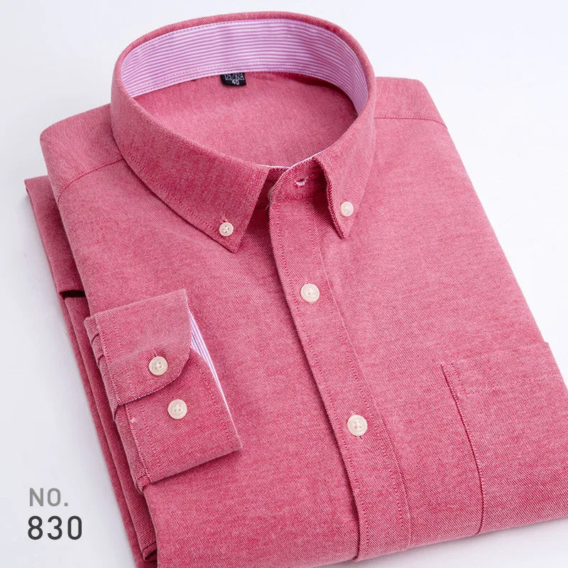 Mens Striped Plaid Oxford Spinning Casual Long Sleeve Shirt Comfortable Breathable Collar Button Design Slim Male Business Dress