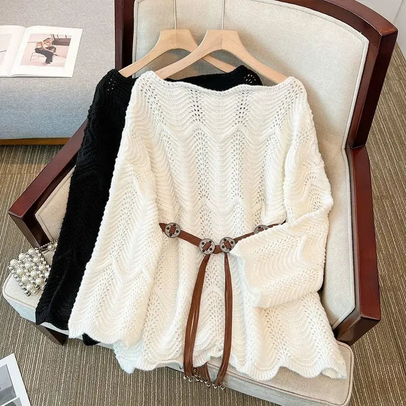 Slimming Knitted Sweater Long Sleeve Pure Color Belted Waist Design Fashionable Anti-Aging Large Size Women's Clothing
