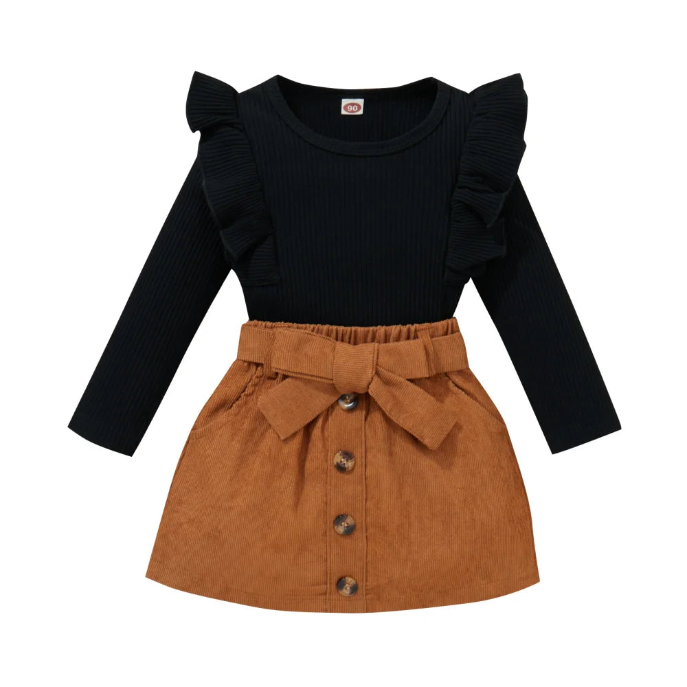 1-8Y Kids Girls Autumn Clothes Set Baby Solid Color Long Sleeve Ruffle Ribbed Knit Tops + Belted Mini Skirts Children Outfits