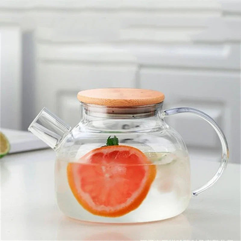 Glass Teapot with Bamboo Lid Transparent Heat-Resistant Thicken Glass Pitcher Cold Water Jug Household Puer Kettle Tea Pot