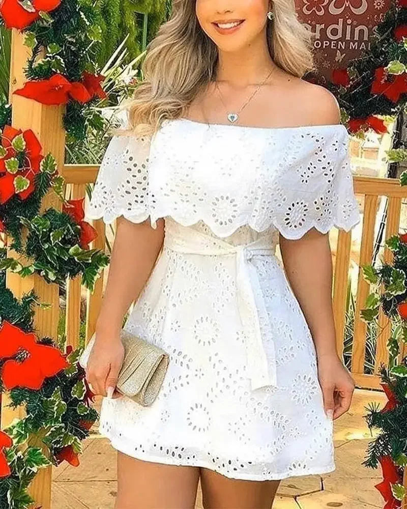 Summer Hollow Out White Dress Women 2025 New Fashion Off Shoulder Lace Up Mini Dress Fashion Lace Splicing Holiday Long Dresses