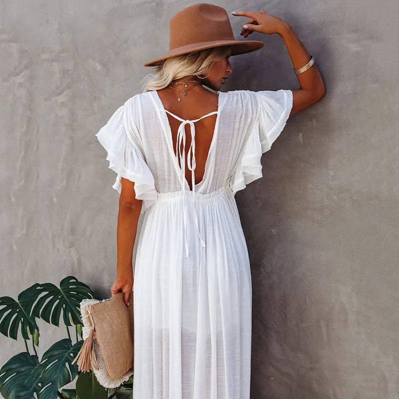 Womens Plus Size Swimsuit Cover Up Deep V Neck Bathing Suit Swimwear Bikini Coverup Long Split Kaftan Kimono Dress