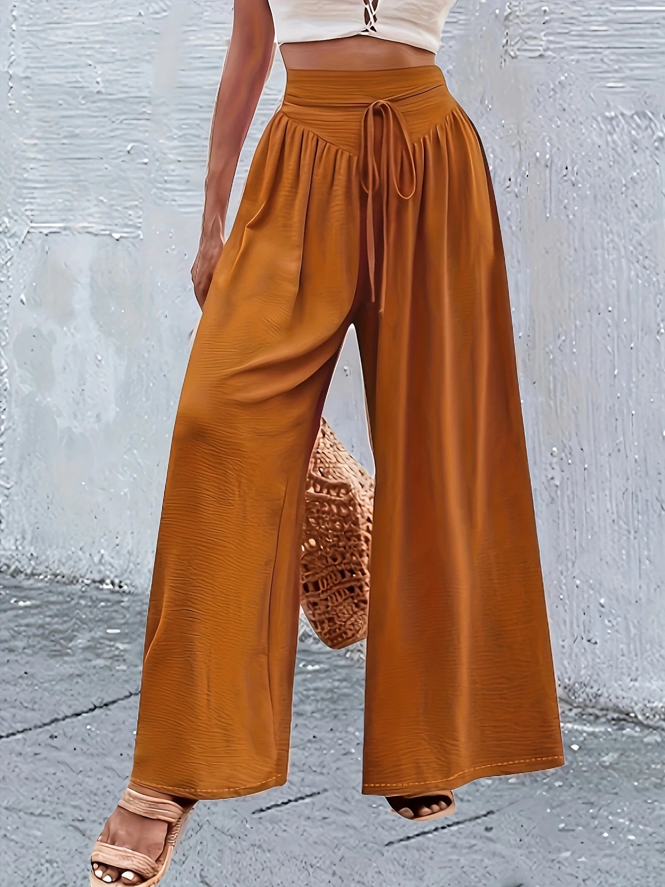 Women's Elegant Solid Color Elastic Waist Wide-Leg Pants with Belt Design, Loose Fit, Suitable for Casual and Comfortable Wear