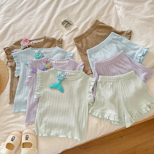 Girls 2-Piece Set Sleeveless T-shirt + Shorts 6 Colors Summer Pajamas Korean Style New Breathable Pure Cotton Home Wear 18M-8Y