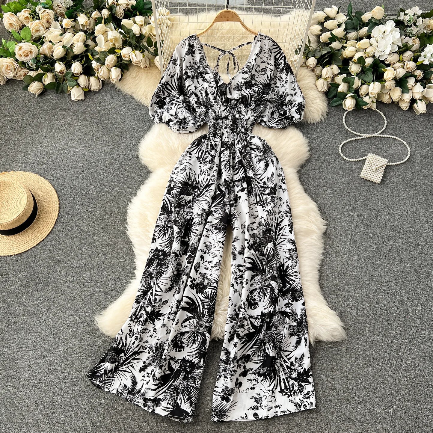 V Neck Sexy Dolman Sleeves Waist Slim Polka Dot Print Jumpsuit Women Wide Leg Trousers Jumpsuit