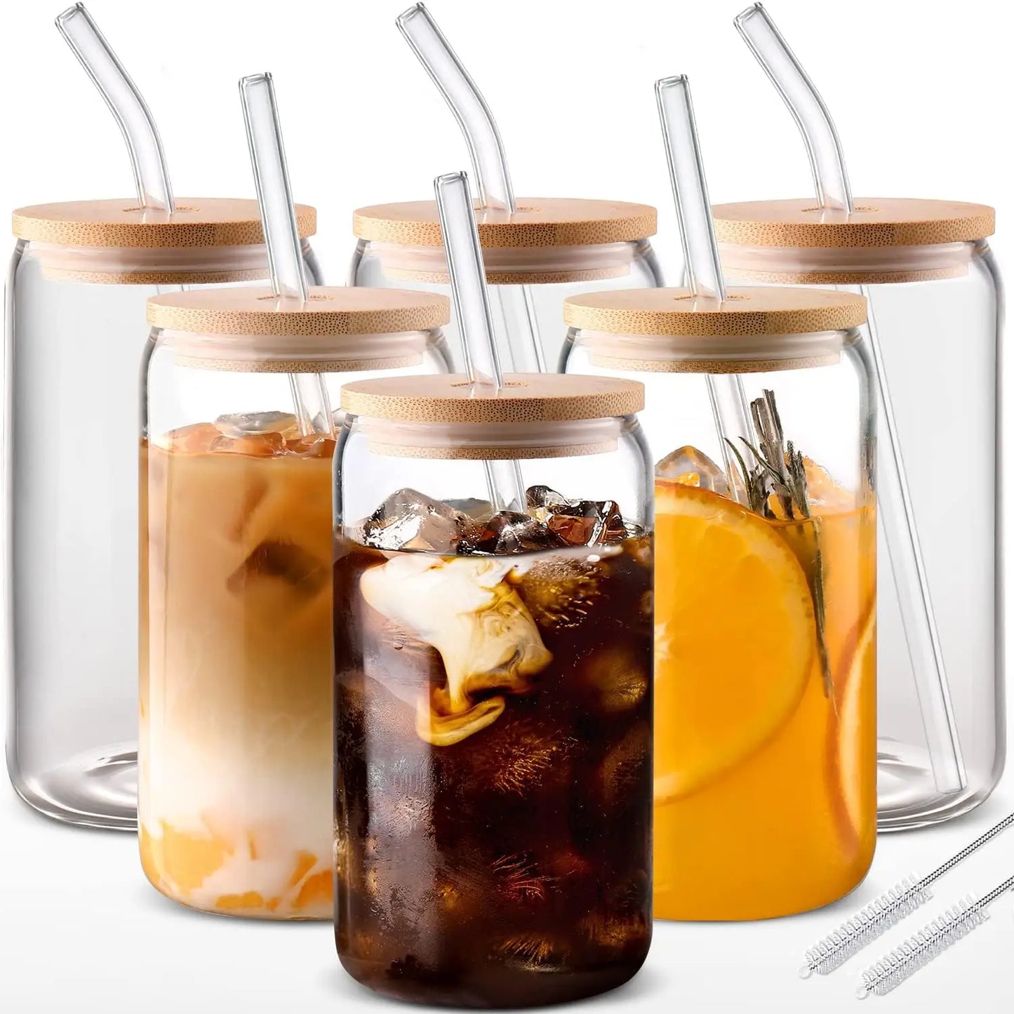 6pcs 18.6oz/550ml Drinking Glasses with Bamboo Lids and Glass Straw - Glass Cups Beer Ice Coffee Glasses Cute Aesthetic Cup Grea