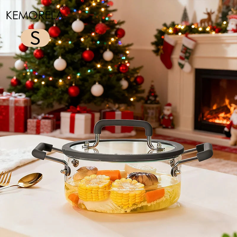 1PCS Glass Saucepan with Lid Multiple Capacity Options Heat-Resistant Glass Cooking Pot Dual Handle Soup Pot Kitchen Cooking