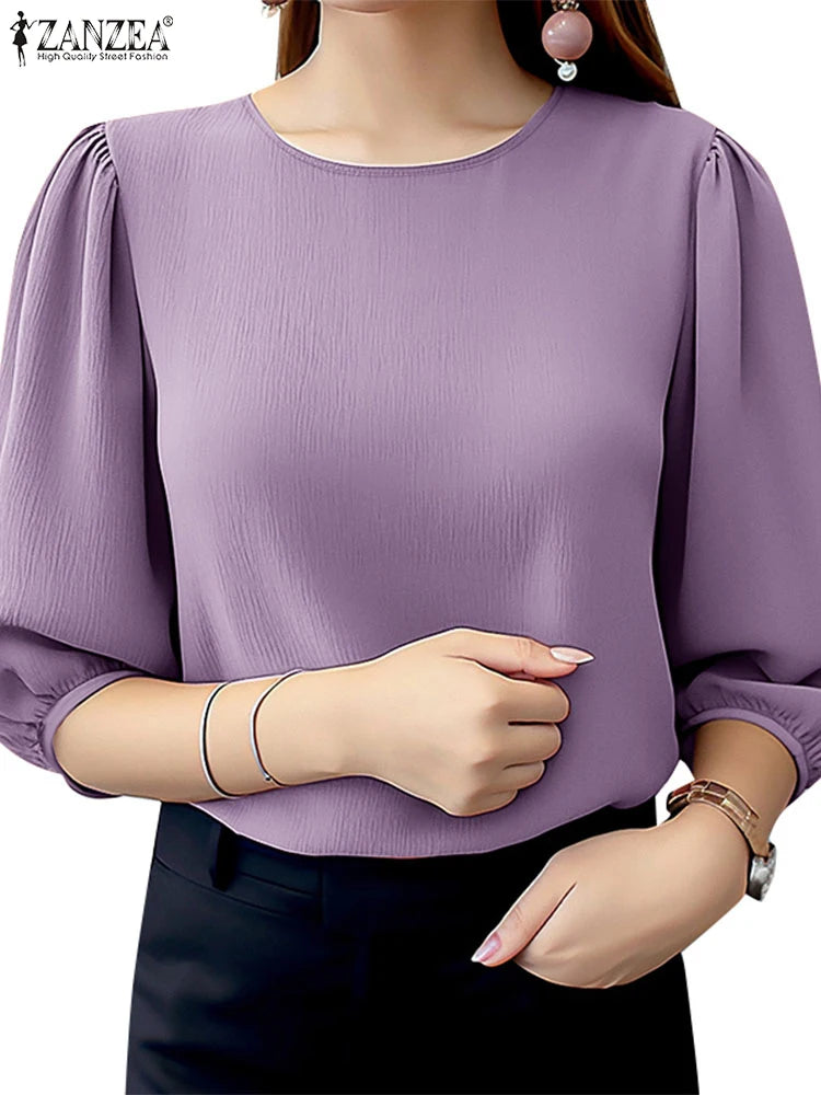 2025 ZANZEA Elegant Office Work Blouse Summer Fashion Shirt Women O Neck 3/4 Sleeve Holiday Blusas Spring Tops Tunic Oversize
