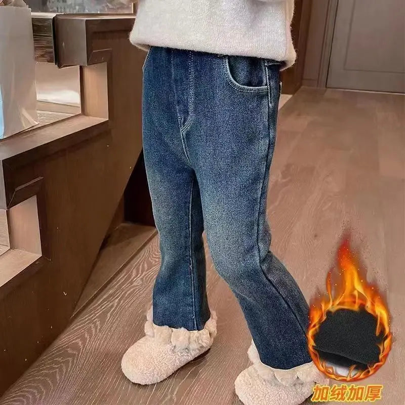 Girl's Pants Fleece Jeans New Autumn Winter Clothes for Baby Girls Casual Stylish Fleece Outer Wear Flared Trousers Loungewear