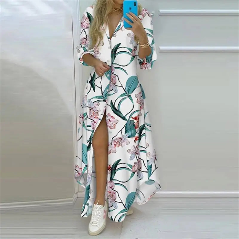 2024 Summer Women Boho Printed Long Shirts Elegant Dress Turn-down Collar Long Sleeve Female Casual Evening Maxi Dresses Party D