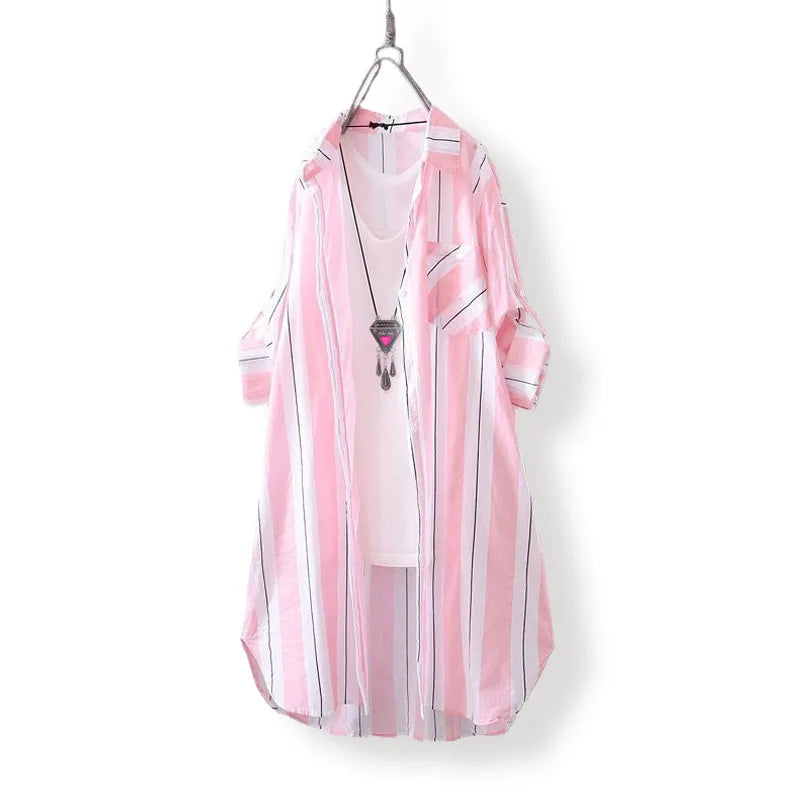 Chiffon shirt long-sleeved fashionable sun protection shirt top design loose striped shirt jacket plus size woman clothing
