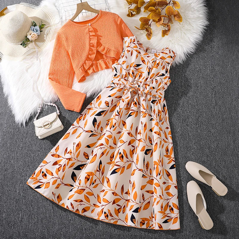 Children Casual Vacation Suits Orange Long-Sleeved Top & Printed Dress Stylish Girls Suits Vacation Holiday Clothes Kids Outfits