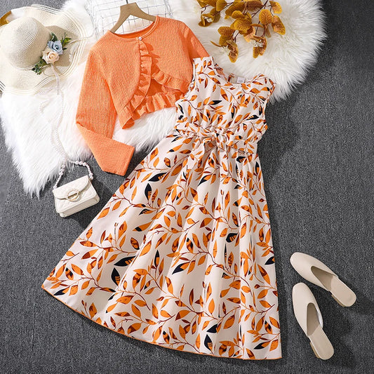 Children Casual Vacation Suits Orange Long-Sleeved Top & Printed Dress Stylish Girls Suits Vacation Holiday Clothes Kids Outfits