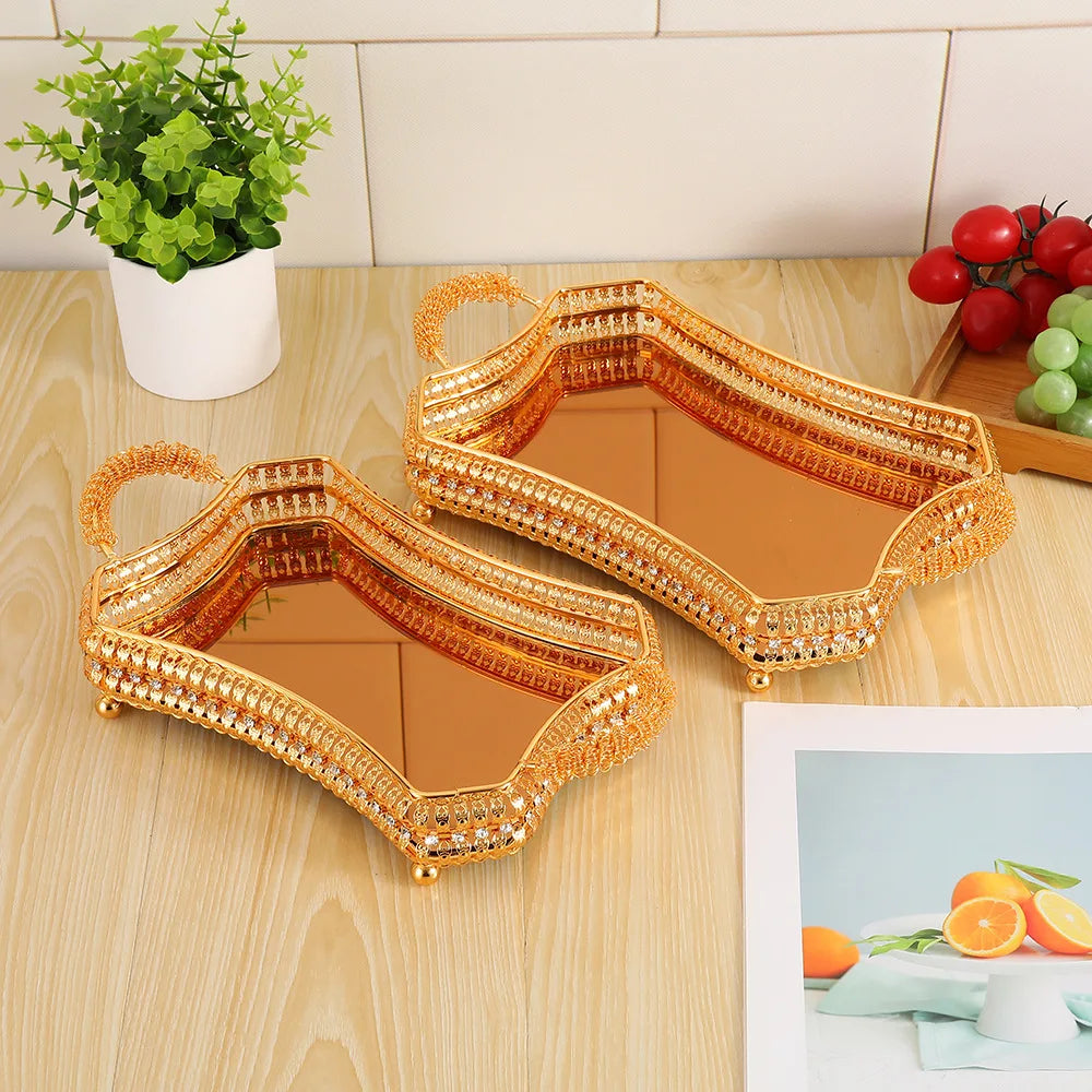 2Pcs European high-end tray gold hollow hotel household fruit plate wrought iron size set snack storage basket