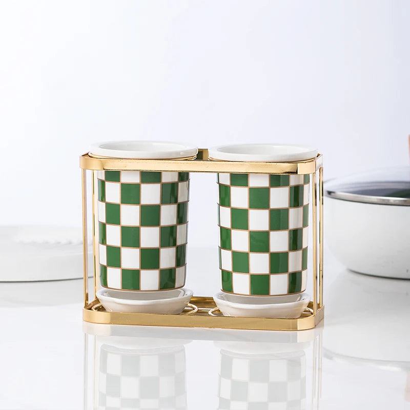 Checkerboard Ceramic Chopsticks Holder Drain Rack Chopsticks Basket Chopsticks Box Cutlery Box Storage Rack Wall-mounted Shelf