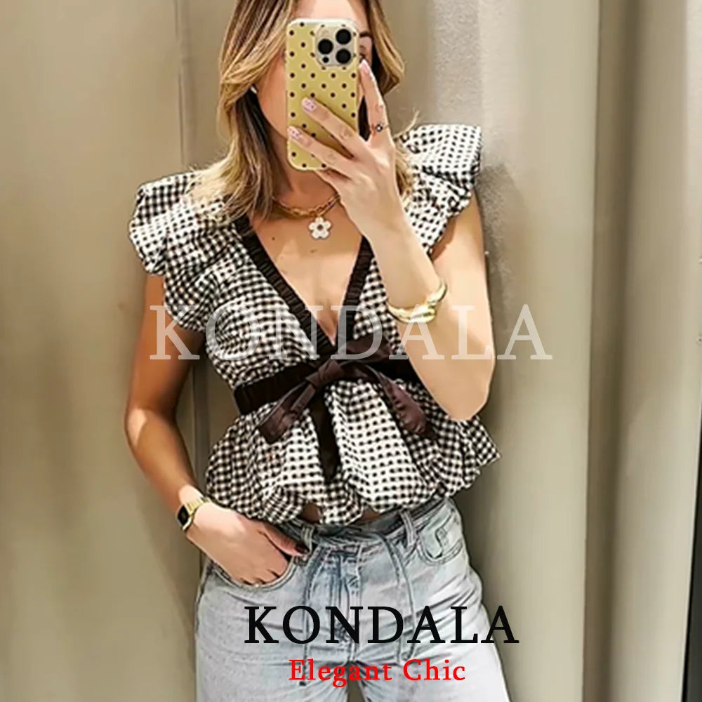 KONDALA Women Trendy Vacation Balloon Plaid Tops Bow Tie Top New 2026 Spring Summer Fashion Vintage Party Date Casual Lady Top