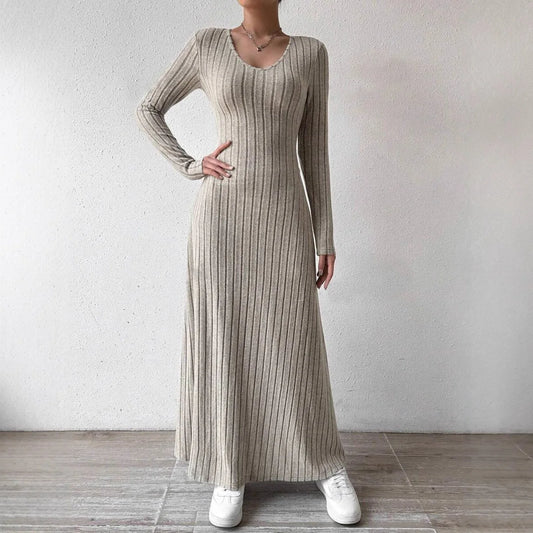 Solid Color Casual Slim Long Dresses For Women 2025 Fashion Autumn Women's A-Line Midi Dress Elegant Vintage Female Dresses
