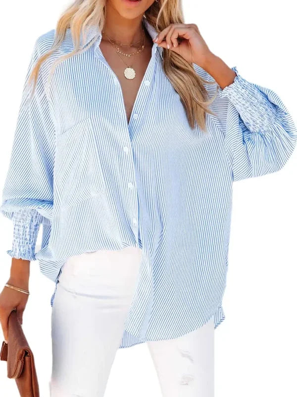 Women's Plus Size 1XL-5XL Casual Striped Breathable Long Sleeve Blouse Shirt Ladies Fashion V-neck Button-down Loose Shirt Top