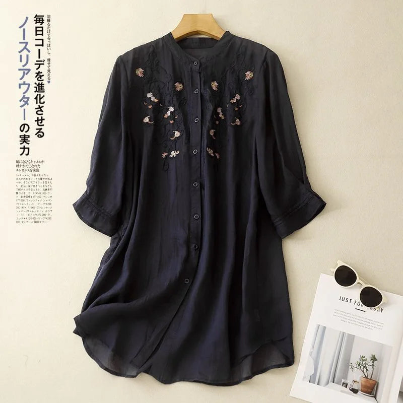 2025 New Literary Floral Embroidery Women O Neck Cotton Linen Long Shirts Loose Summer Blouses Sum Protection Female Casual Tops