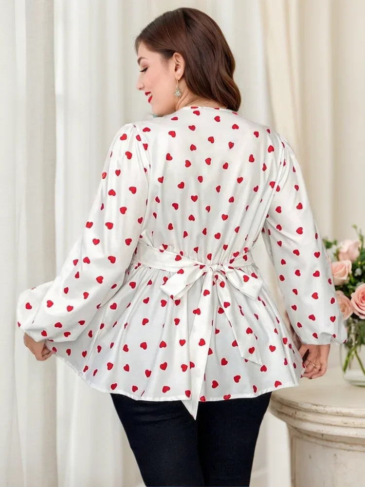Plus Size New Woman Cute Love Heart Print Top V-neck Popular Versatile Slim Fit Long Sleeve in-Stock Blouse Clothing Resort Wear