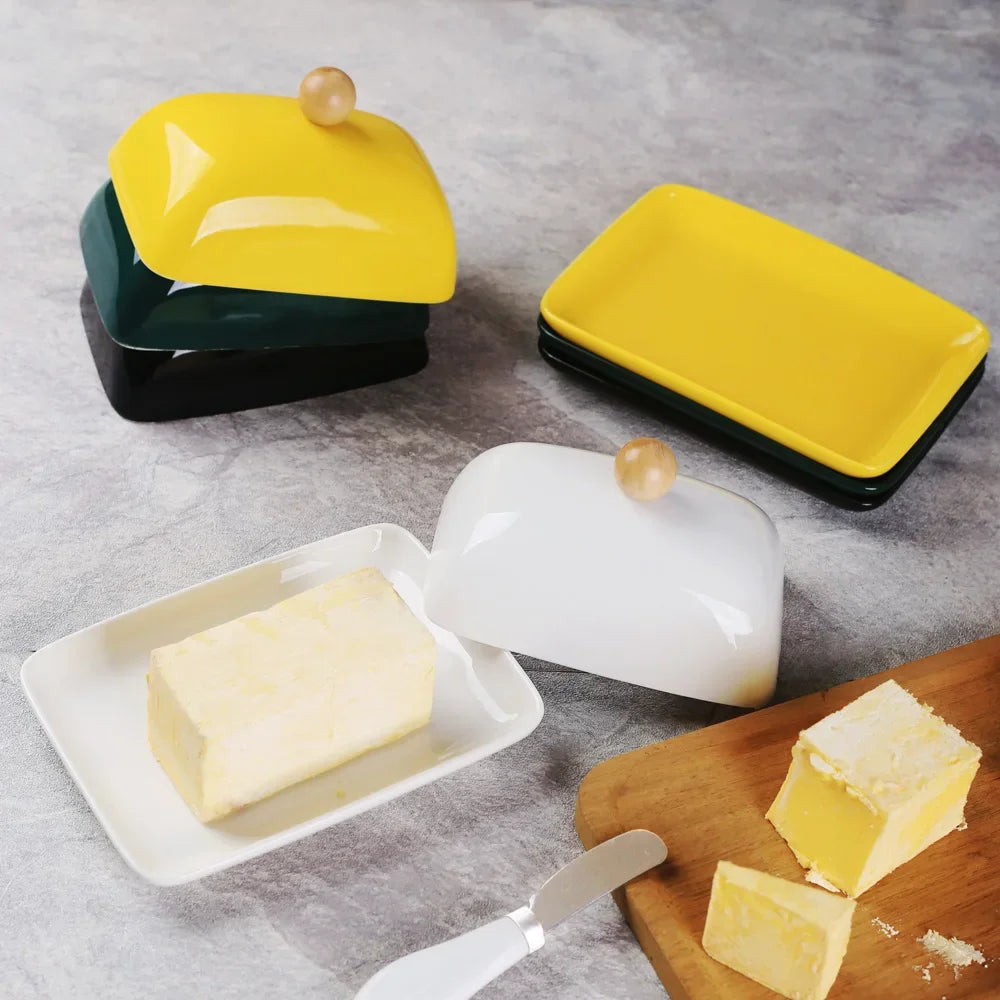 Ceramic Butter Dish with Lid Western Cheese Butter Box with Stainless Steel Butter Knife Restaurant Decorative Kitchen Supplies