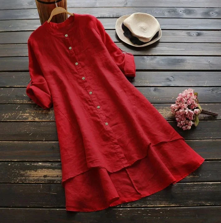 Fast Selling Spring SummerNew Women's Solid Color Button Cotton Linen Long Sleeve Long Length Shirt