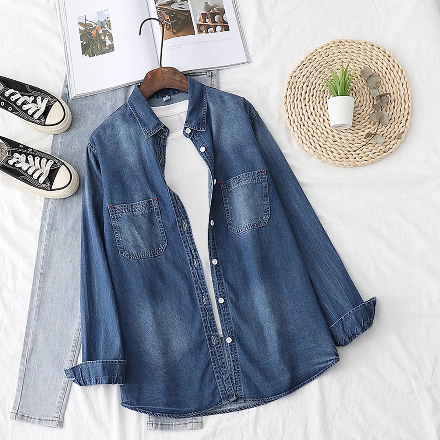 Women's Vinatage Denim Shirts Turn Down Collar Long Sleeve Oversized Blouse With Pockets Office Lady Commuter Retro Outfits