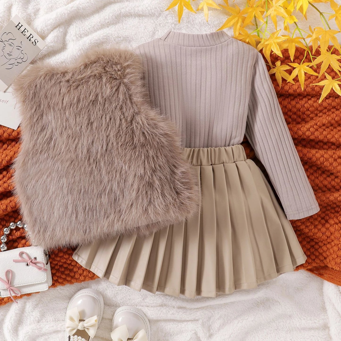 Autumn Winter Girl Clothes Set Baby Toddler Girl Suits Fur Vest Long Sleeve Shirt Base Layer and Faux Leather Skirt Pleated Chic