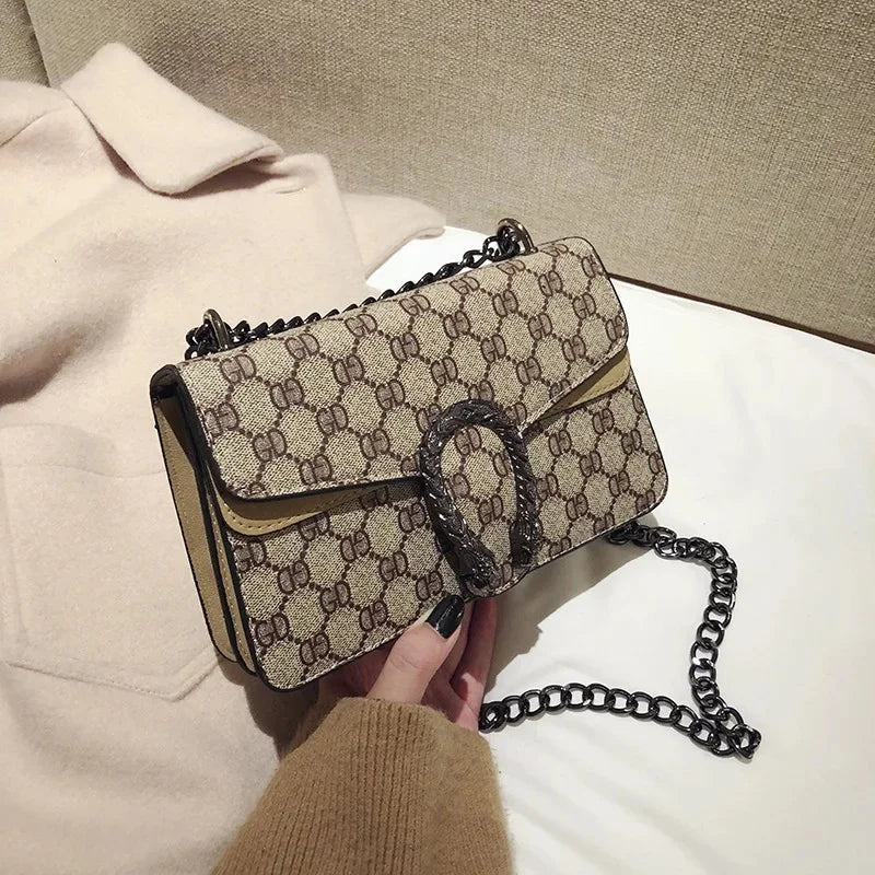 Fashionable Mini Printed Chain Women's Bag Crossbody Shoulder Bag Soft PU Leather Square Shape Bag with Phone Pocket