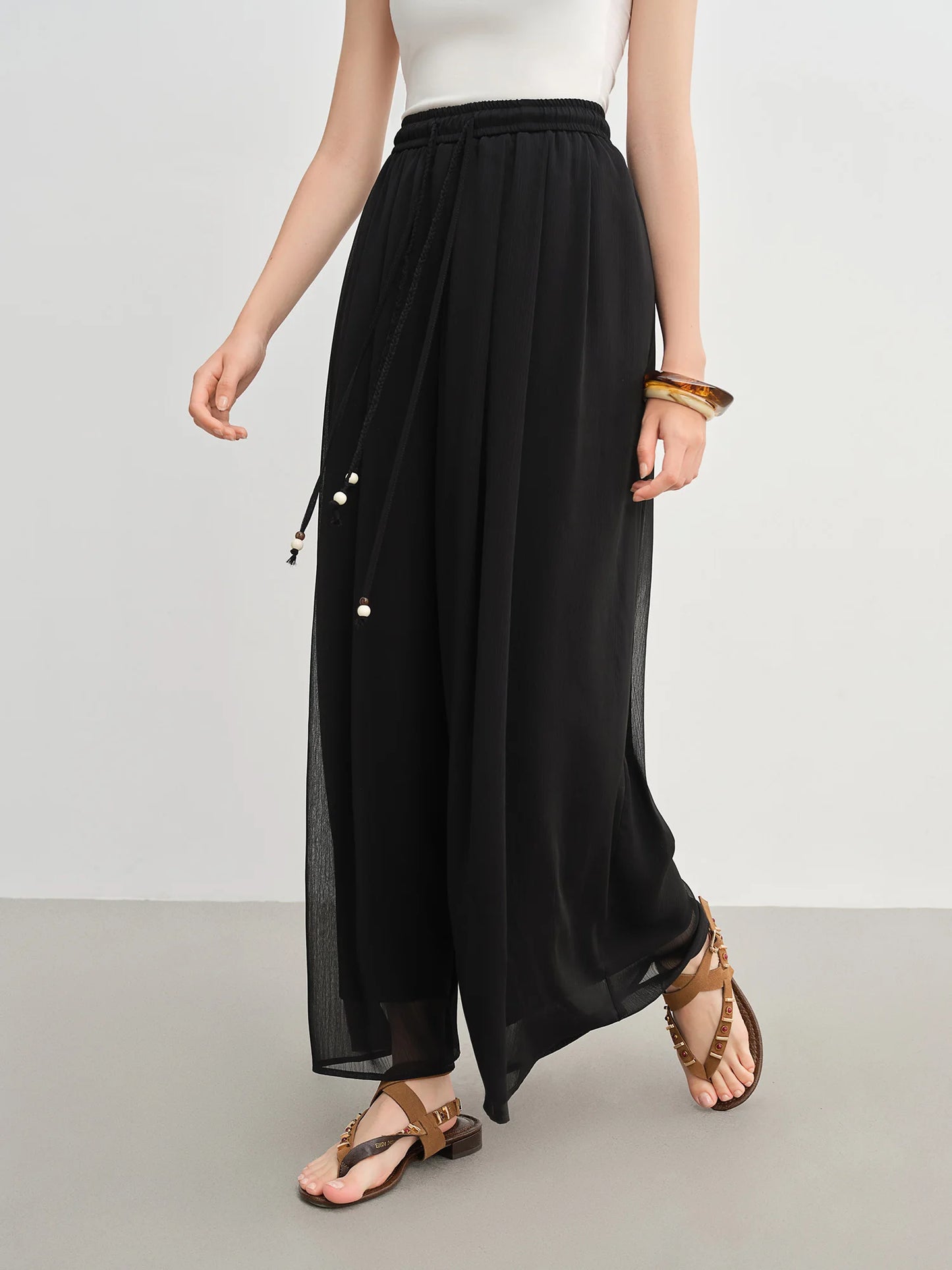 DUSHU Women's Black Pants Women's Summer Loose Wide-leg Pants 2025 New Style Skirt Pants Elastic Waist Slim Trousers 25DS82968