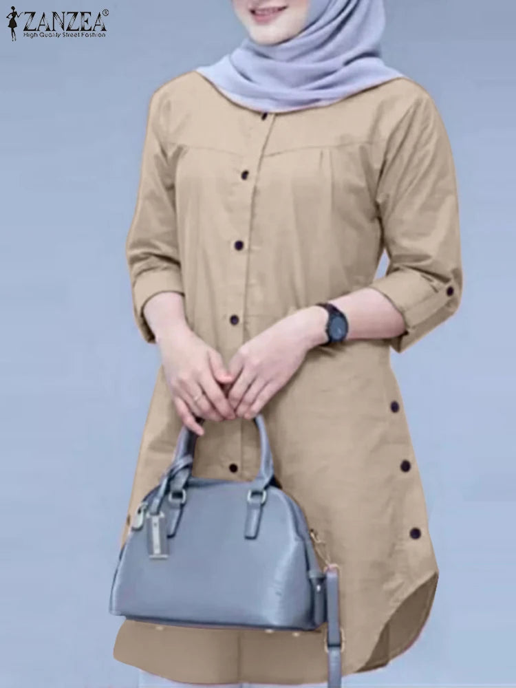 ZANZEA Women Casual Loose Rounded Hem Shirts Long Sleeve Long