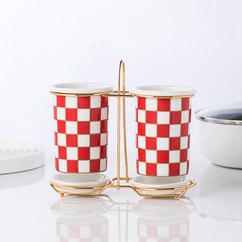 Checkerboard Ceramic Chopsticks Holder Drain Rack Chopsticks Basket Chopsticks Box Cutlery Box Storage Rack Wall-mounted Shelf