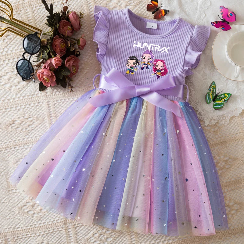 K-Pop Hunters Zoey Mira Rumi Girls Flying Sleeves Bow Sequin Dress Kids Baby Girl Birthday Party Fluffy Tutu Princess Dress 1-5Y