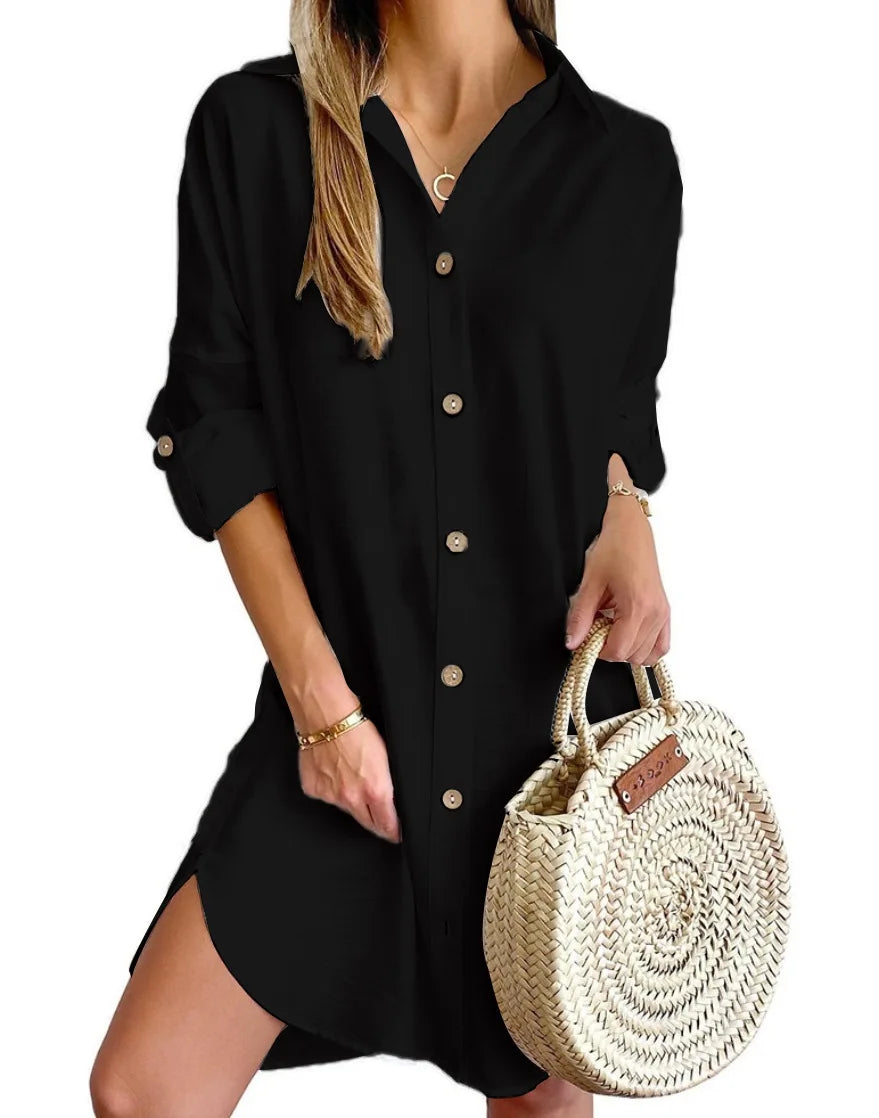 Women's Long Sve Collar Button up irt Dr High Waist Skirt Sle Casual Faion Polyester Fabric Iron Free Summer Dr