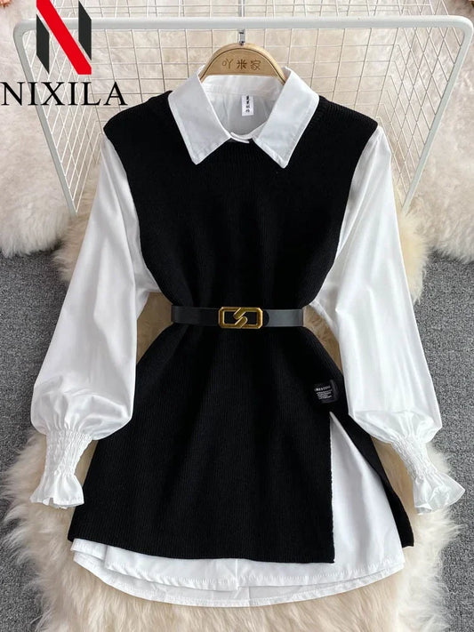 Women's Chic Age-Reducing 2-Piece Set Long Sleeve White Shirt Sweater Loose Fit Knit Vest Pullover Spring Autumn Fashion
