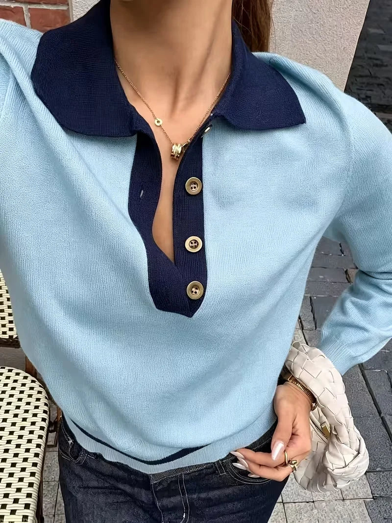 Korean Style Color Block Polo Neck Knitwear Women's Slim Fit Long Sleeve Base Shirt Autumn Winter Fashion Casual Top