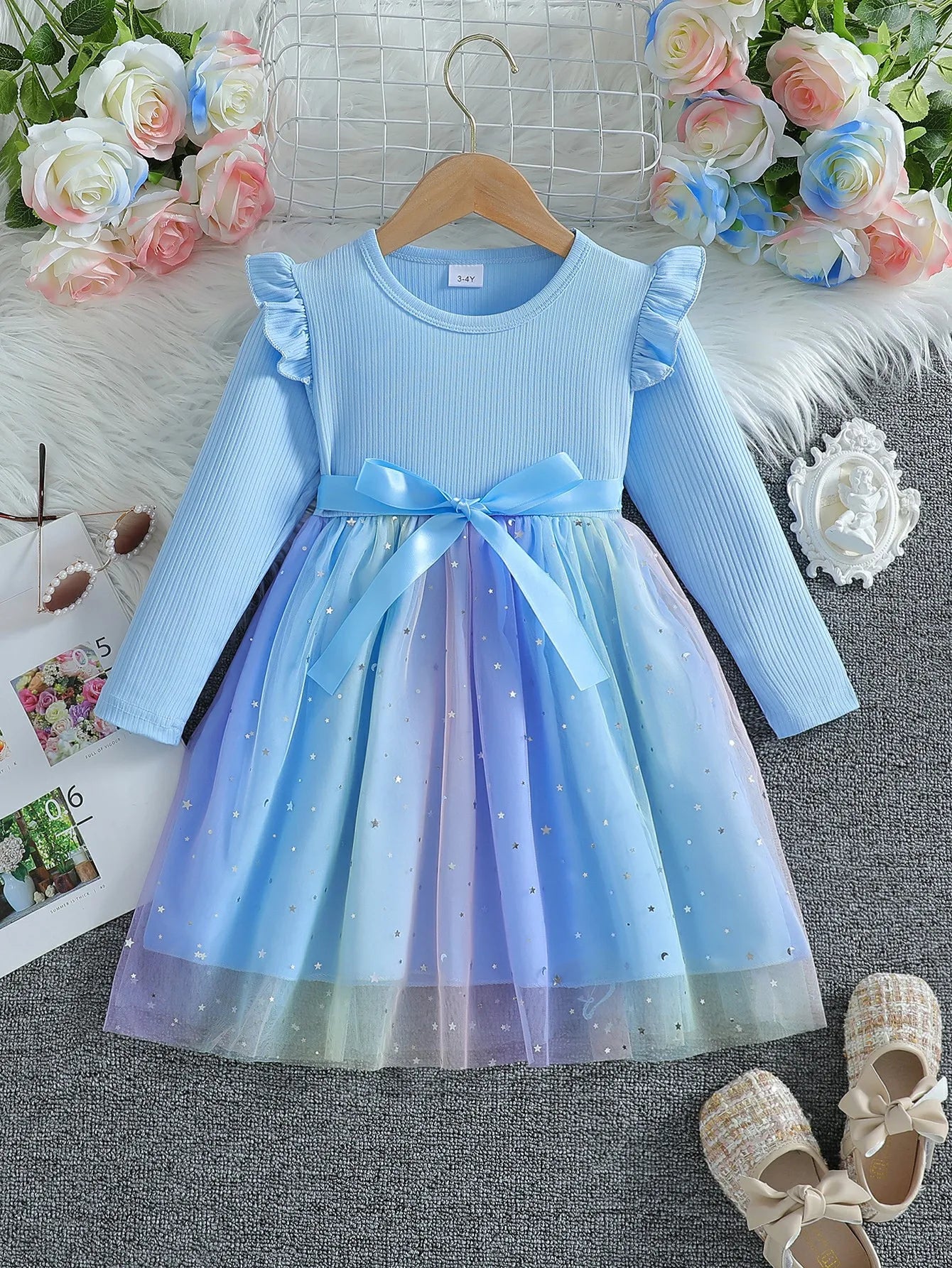 Girl's Long Sleeved Bow Dress 2-8Y Fashion Thin Children's Starry Sky Sequin Mesh Dress Spring Autumn Kid's Clothing