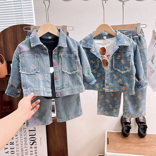 Girls' Clothing Sets 2025 Spring and Autumn New Children's Clothing Cute Denim Jacket Cardigan+ Straight Leg Jeans Kids Suit