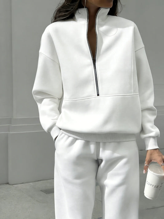 Women Half Zip 2 Piece Tracksuit Set, Stand Collar Long Sleeve Sweatshirt With Pocket & Elastic Waist Jogger Pants, Casual Loose Matching Loungewear Outfit