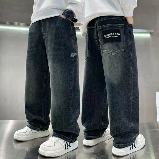 Spring Autumn Teenage Boys Denim Pants Kids Fashion Letter Jeans Pants Casual Loose Straight Trousers for 4-14 Years Old