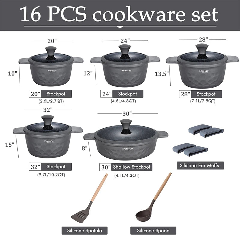 DONNOR 16Pcs Stockpot with Lid Kitchen Induction Cookware Set Multipurpose Stock Pot for Stew Simmering Soup Pot JT450