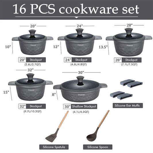 DONNOR 16Pcs Stockpot with Lid Kitchen Induction Cookware Set Multipurpose Stock Pot for Stew Simmering Soup Pot JT450