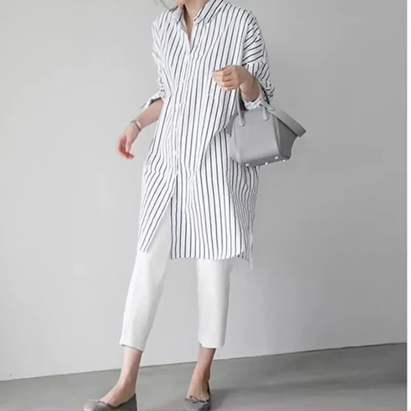 White Loose Long Sleeve Women's Shirt Lazy Design Sense Fashionable Midi New Style Button up Casual Office Wear
