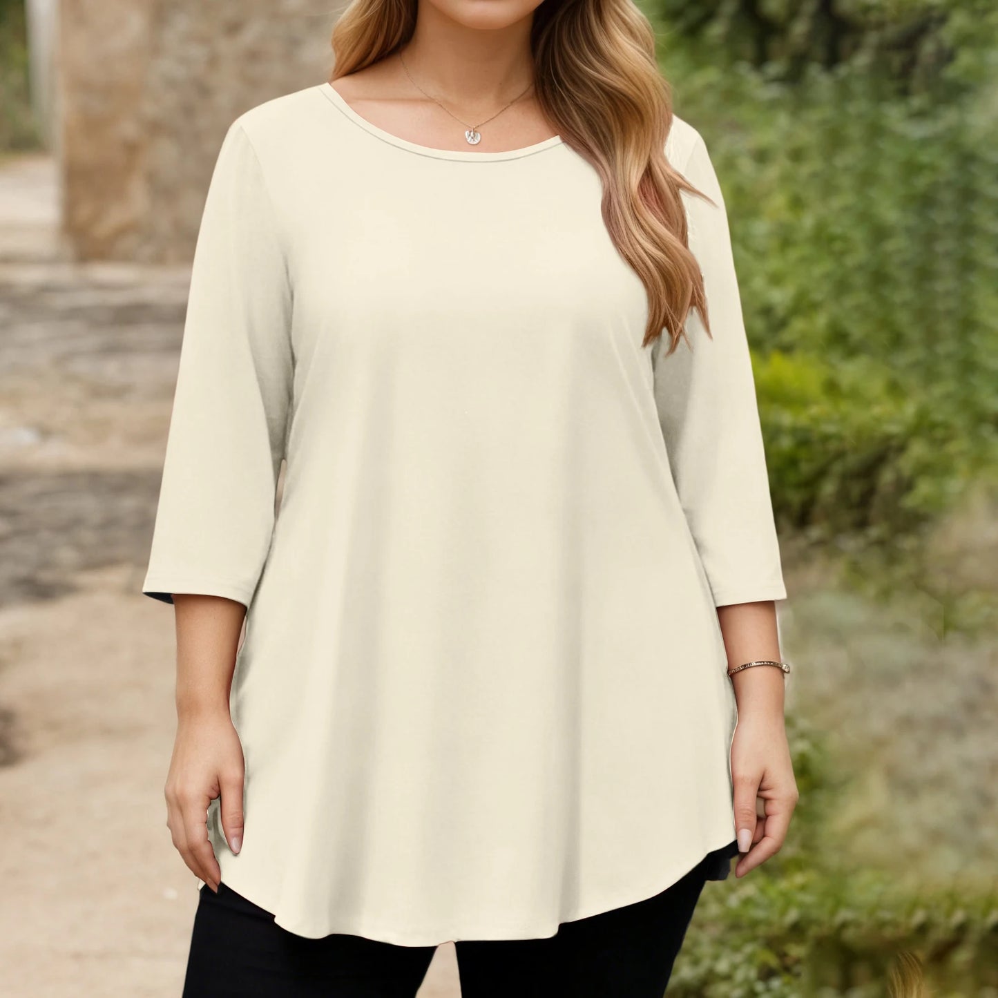 Spring Fall Women's Plus Size Long-sleeved Top, Solid Color Round Neck Curved Hem Loose T-shirt Spring Autumn Casual Top Mujer