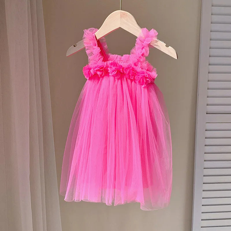 Kids Sweet Mesh Dress 1-6T Summer Children Mesh Tulle Princess Slip Tutu Dresses Girls 6 Colors 3D Flower Mermaid Birthday Dress