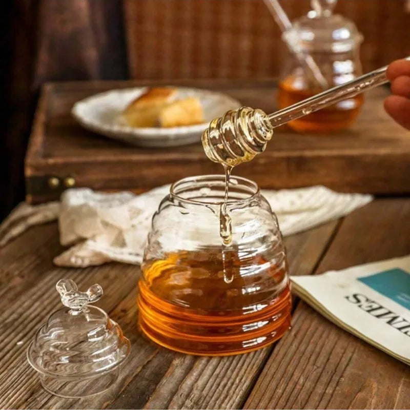 Honeycomb Design Bee Glass Honey Jar with Lid Dipper Stick Creative Kitchen Storage Container for Home Dining Table Decor