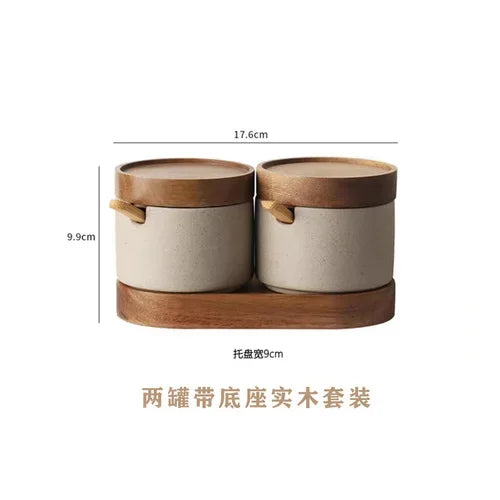 Vintage Ceramic Seasoning Jar Japanese Style Home Kitchen Salt Chili Sugar Jar Oil Pot Wooden Lid Spice Kitchen Utensils Modern