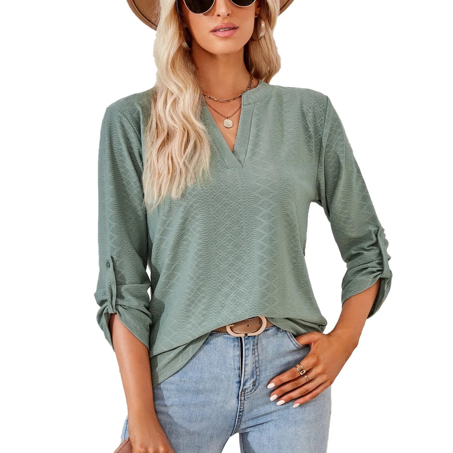Loose Button-Up V-Neck Seven-Sleeve T-Shirt Women's Autumn Winter New Style Pure Color Casual Top Comfortable Silk Material